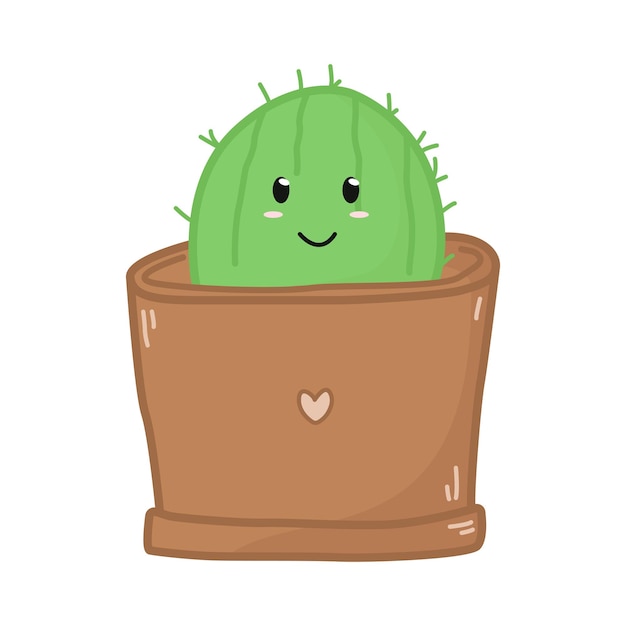 Hand drawn cute cartoon cactus in pot with heart doodle style