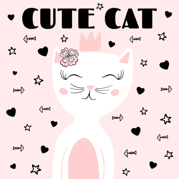 Premium Vector | Hand drawn cute cartoon character white with pink cat with  a crown and a flower on her head, stars, hearts, fish. ð¡olorful doodle  vector illustration for greeting card, invitation,