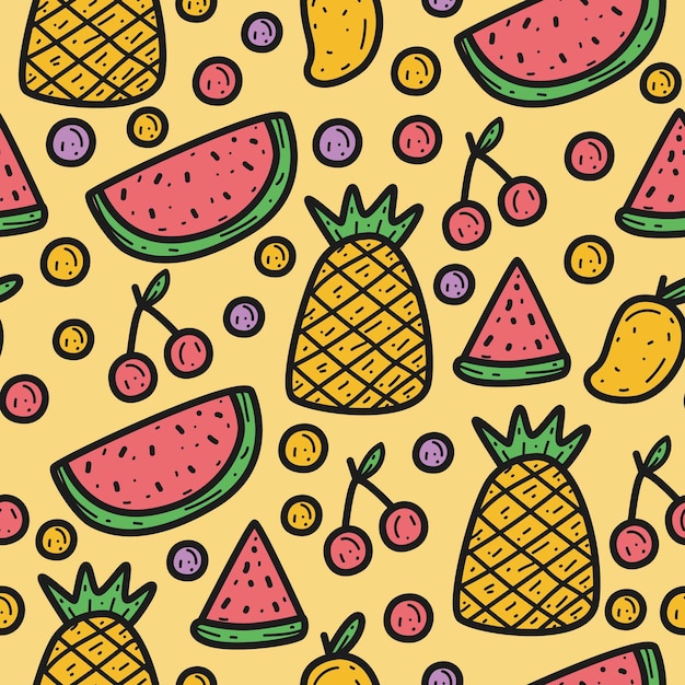 Modello senza cuciture di frutta simpatico cartone animato disegnato a mano