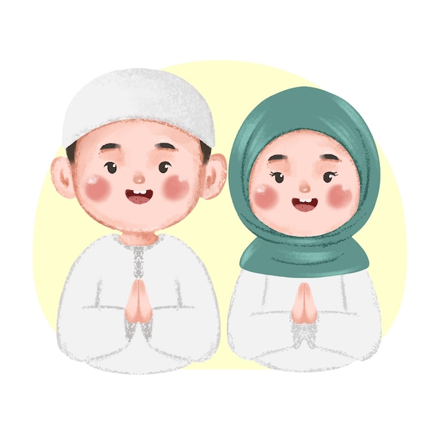 hand drawn cute cartoon muslim couple greeting for eid mubarak illustration