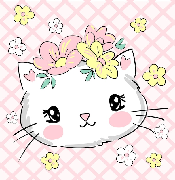 手描きのかわいい猫と花の子供たちの印刷ベクトルイラスト