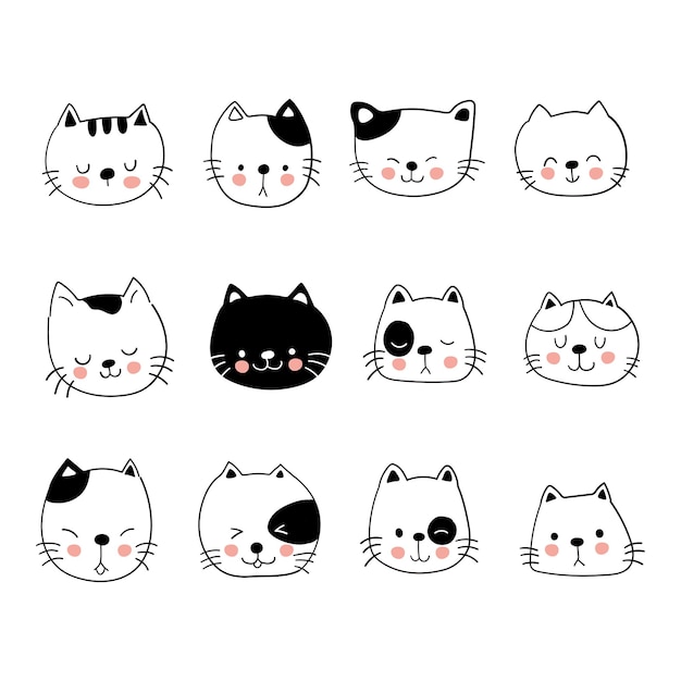 Hand drawn cute cat faces illustration premium vector