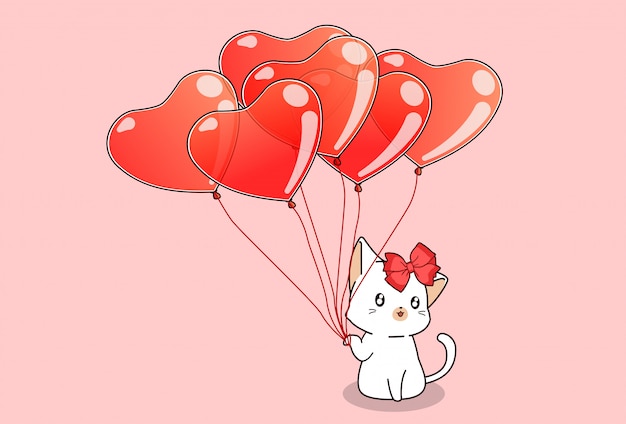 Hand drawn cute cat is holding heart balloons on pink