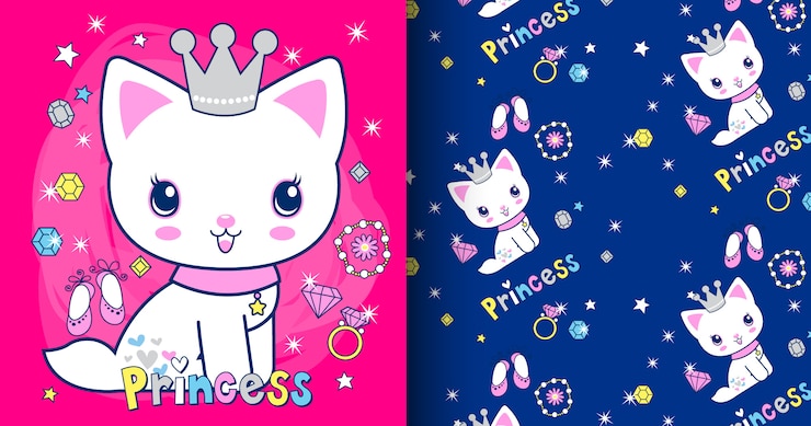 Hand drawn cute cat pattern set