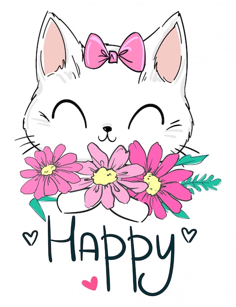 手描きのかわいい猫とピンクの花。子供用テキスタイル、ポスターデザイン、保育園の印刷。カモミールの花のイラスト素材。