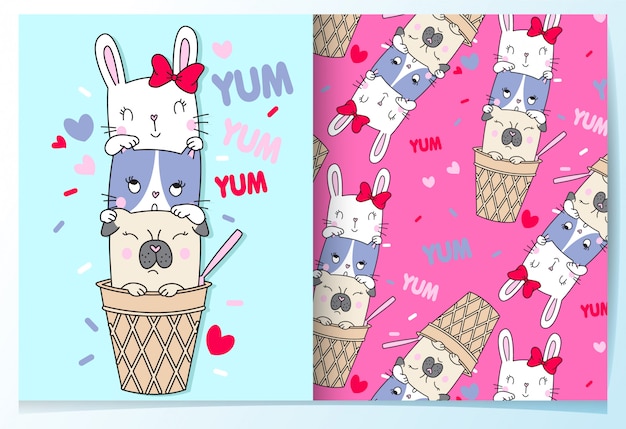 Hand drawn cute cat,rabbit & pug pattern set