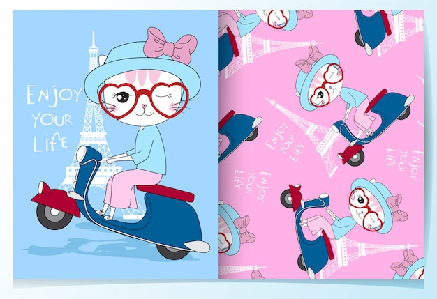 Hand drawn cute cat riding a motorcycle pattern set