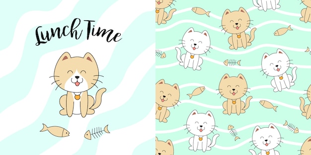 Hand drawn cute cat seamless pattern