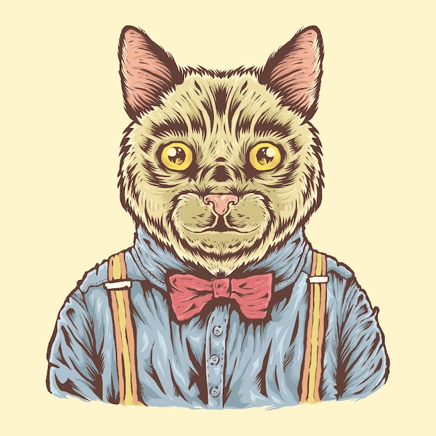 Vector hand drawn cute cat with shirt and bowties illustration