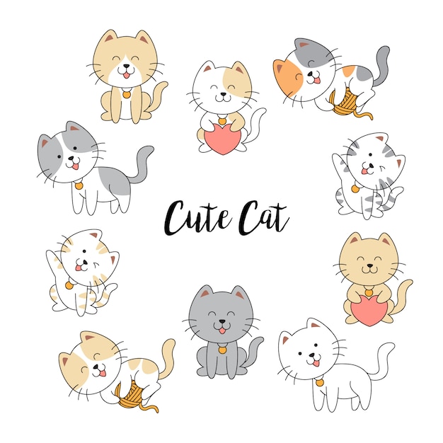 Hand drawn cute cats collection