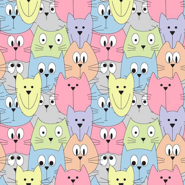 Hand drawn cute cats faces seamless pattern. Colorful vector childish background