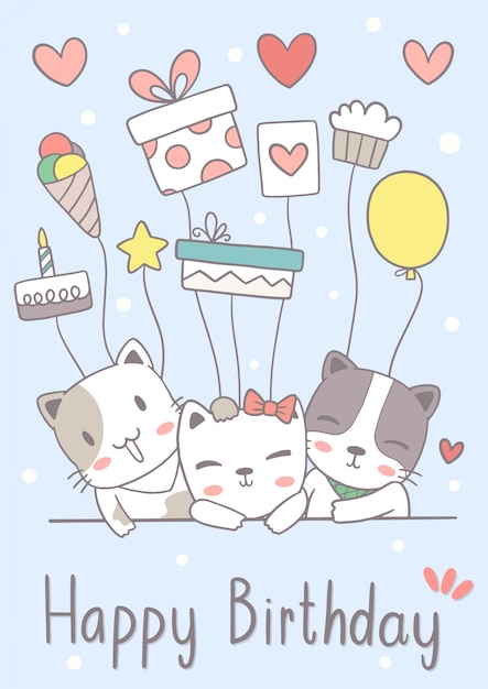 Hand drawn cute cats  happy birthday greeting card