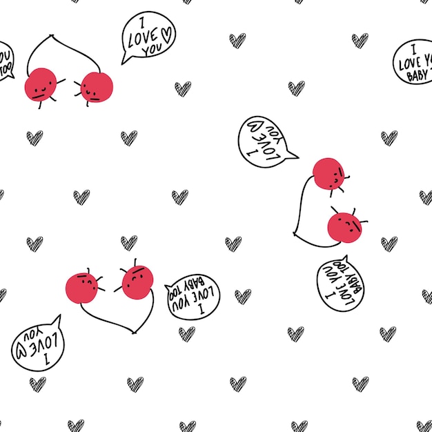 Hand drawn cute cherry seamless pattern with black hearts, scribble. I love you berry much, white