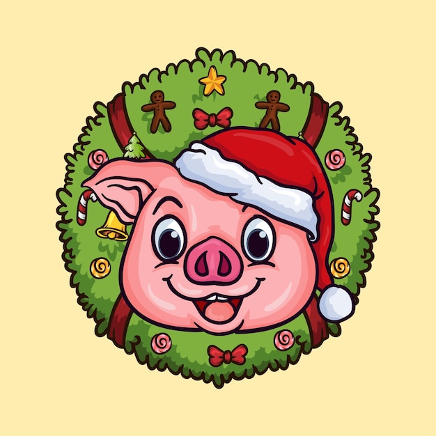 Hand drawn cute christmas character pig with santa hat and Christmas wreath