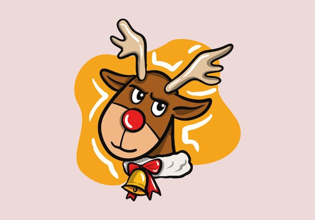 Vector hand drawn cute christmas deer on isolated background with jingle bell. christmas design element.