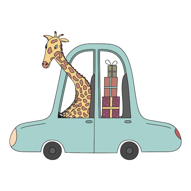 Hand drawn cute colored giraffe with gifts in the car