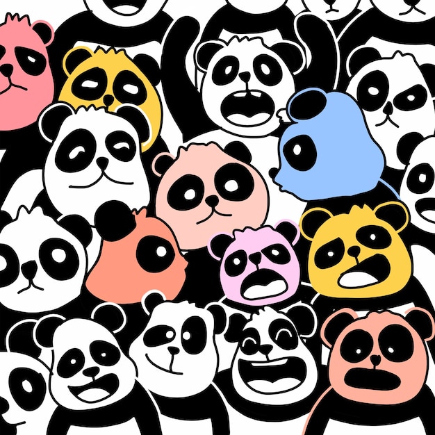 Hand drawn  cute Comic characters. pattern with panda. Cute panda face. Doodle cartoon wallpaper. illustration.