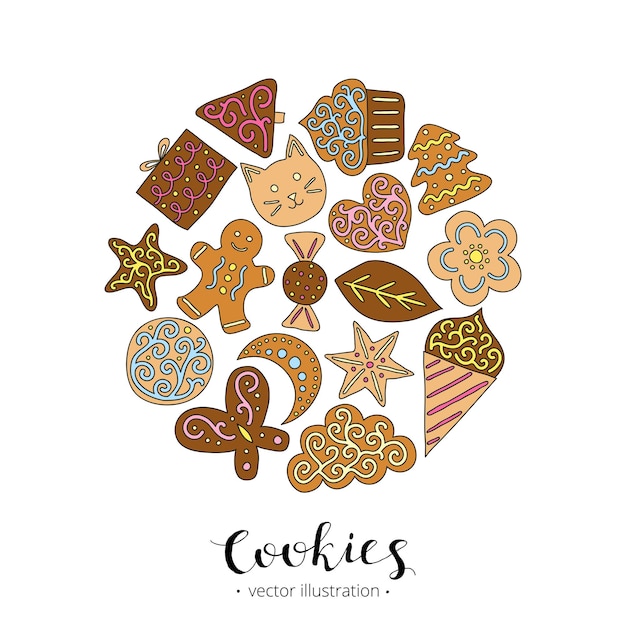 Hand drawn cute cookies in circle