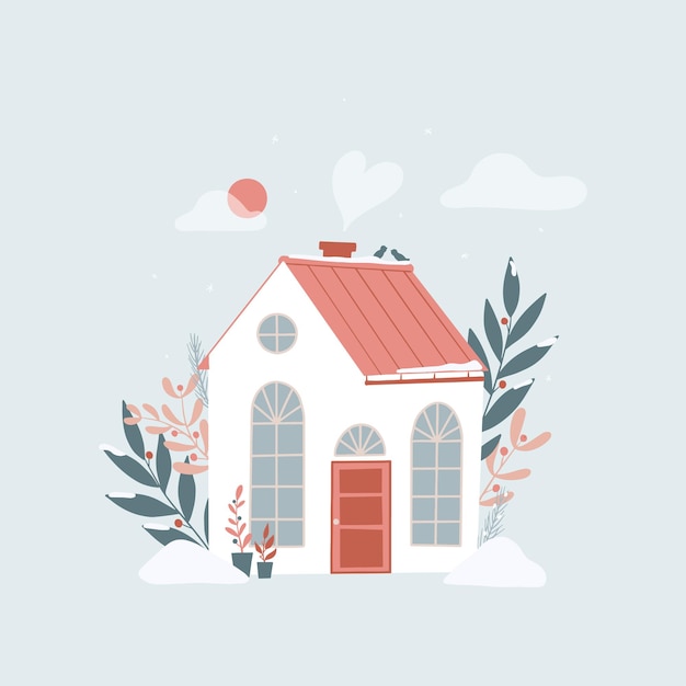 hand drawn cute cottage, counry house decorated with floral elements for posters, prints, cards