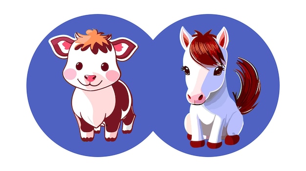 Vector hand drawn cute cow and horse style cartoon sticker design