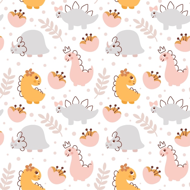 Hand drawn cute dino princess girl seamless pattern children pattern with dinosaur flower branch for fashion clothes