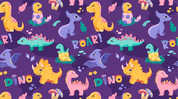 Hand drawn cute dinosaurs background with dinos Roar signs footprints leaves for clothes shirt fabric Kids violet dino illustration