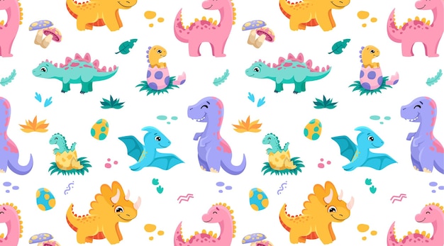 Hand drawn cute dinosaurs background with dinos roar signs footprints leaves eggs baby dinos