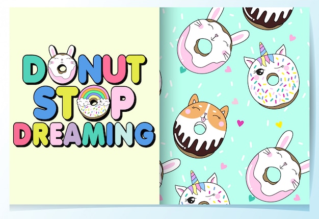 Vector hand drawn cute donut pattern set