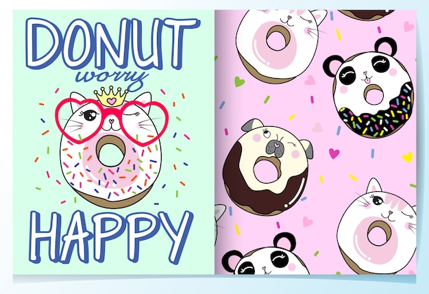 손으로 그린 귀여운 도넛 패턴 세트