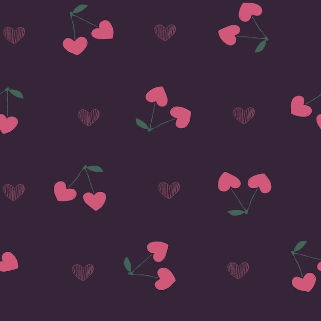 Hand drawn cute doodle cherry purplish seamless pattern with hearts White berry paper line fruit