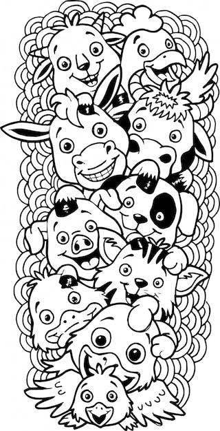 Vector hand drawn of cute doodle farm animals