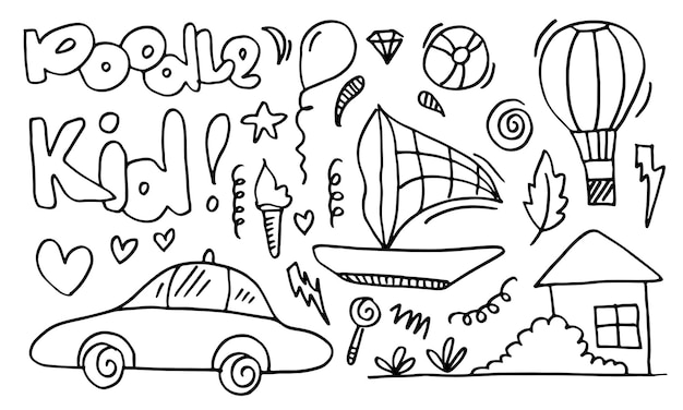 Doodle carino disegnato a mano impostato su sfondo bianco elementi di design doodle bambini doodle.