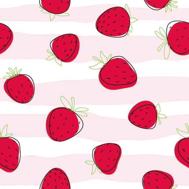 Modello senza cuciture bianco rosa fragola carino doodle disegnato a mano cibo di carta a bacca rossa