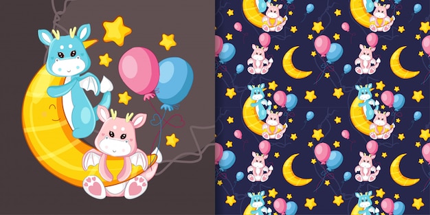 Hand drawn cute dragon on the moon with pattern set