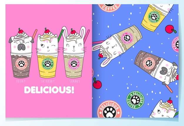 Vector hand drawn cute drinks pattern set