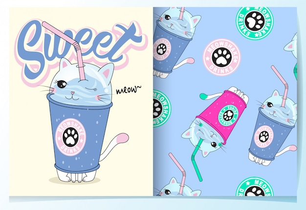 Hand drawn cute drinks pattern set