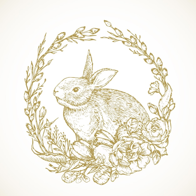 Coniglietto di pasqua carino disegnato a mano in una ghirlanda di fiori illustrazione vettoriale piccolo coniglio in una cornice di ramoscelli di salice schizzo astratto vacanze di primavera stile di incisione disegno isolato