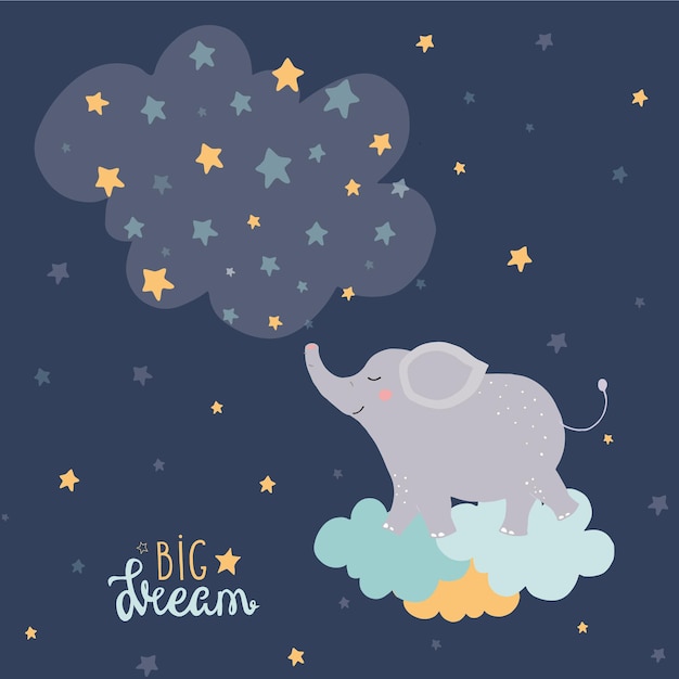 Hand drawn cute elephant flies on the clouds and stars on dark blue background Text big dream