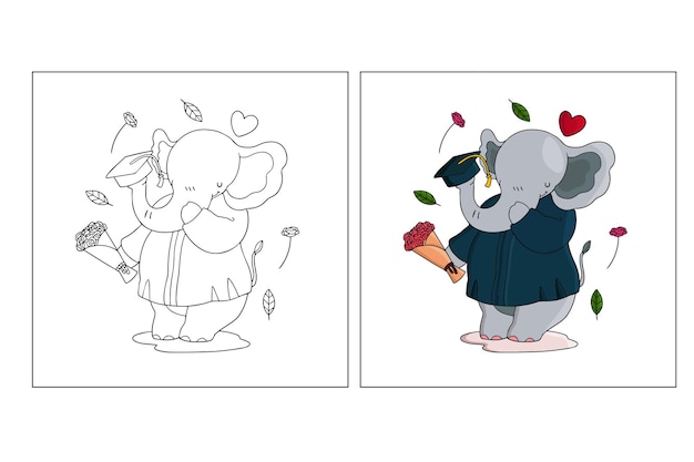 Hand drawn Cute Elephant Graduation Coloring page