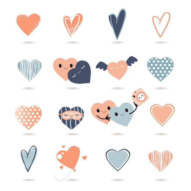 Vector hand drawn cute faces hearts. valentine's day