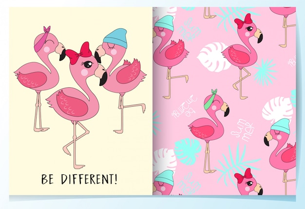 Vector hand drawn cute flamingo pattern set