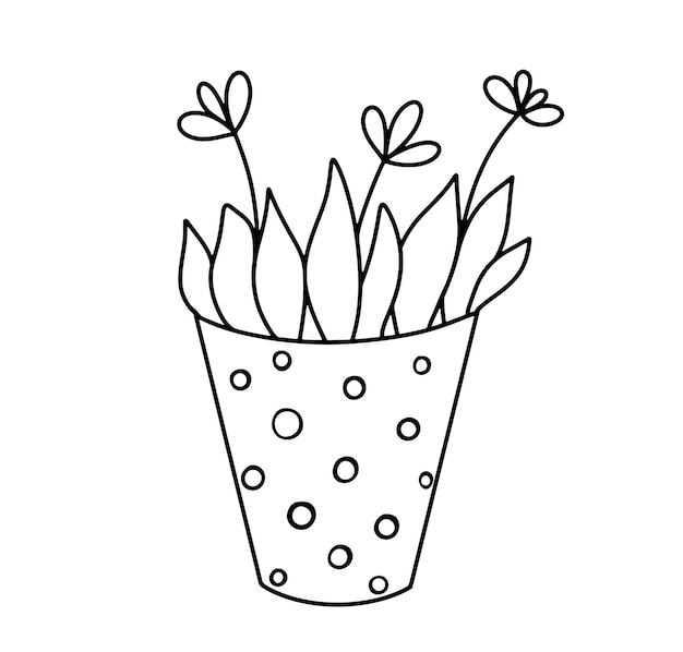 Hand drawn cute flowers in pot Vector doodle illustration isolated on white background