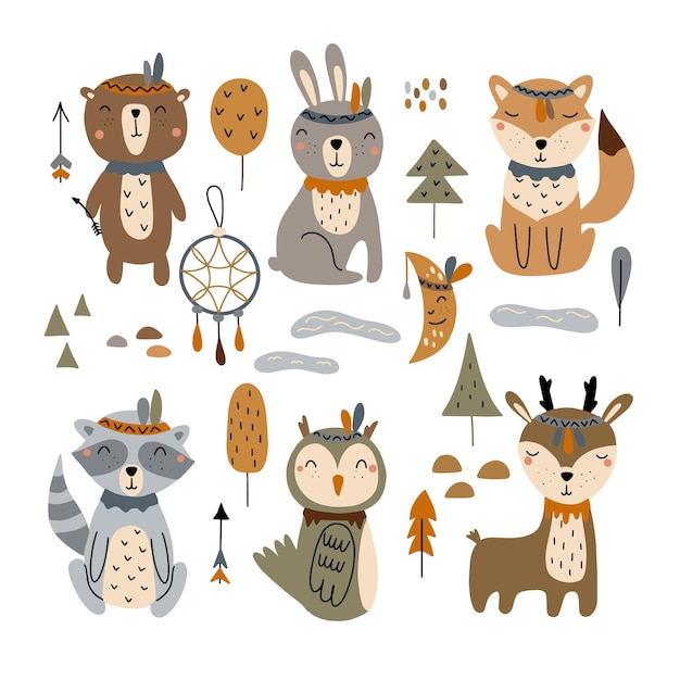 Vector hand drawn cute forest animals bear deer rabbit fox owl raccoon boho style vector illustration isolated on white background