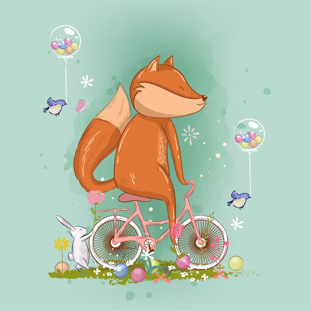 Volpe sveglia disegnata a mano sull'illustrazione della bici per i bambini