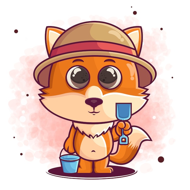 Hand drawn cute fox cartoon with hat, bucket and scoop illustration