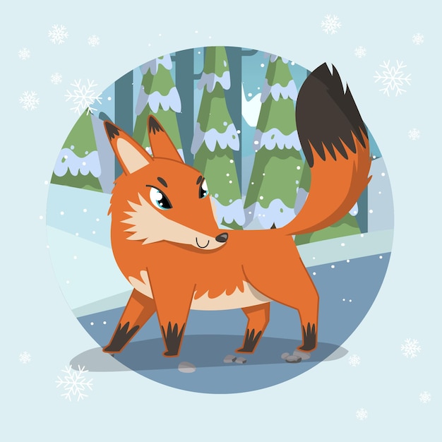 Hand drawn cute fox standing brave in a snowy forest