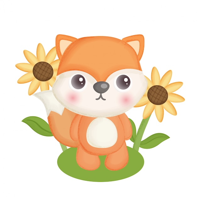 Hand drawn cute fox and sunflower.