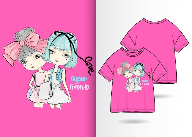 Hand drawn cute girl illustration with t shirt design