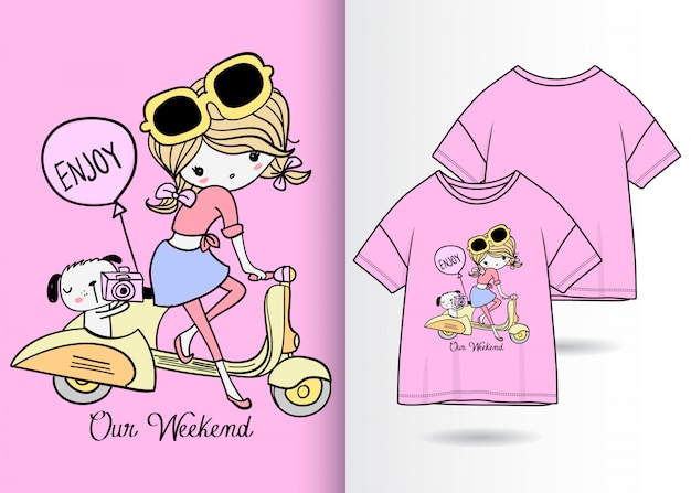 Vector hand drawn cute girl illustration with t shirt design