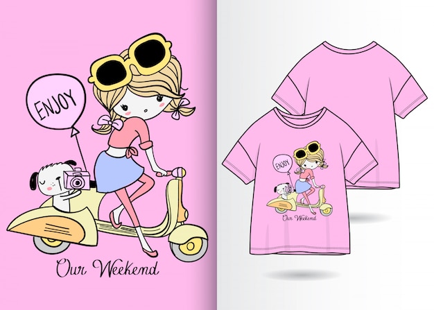 Vettore illustrazione di ragazza carina disegnata a mano con design t-shirt